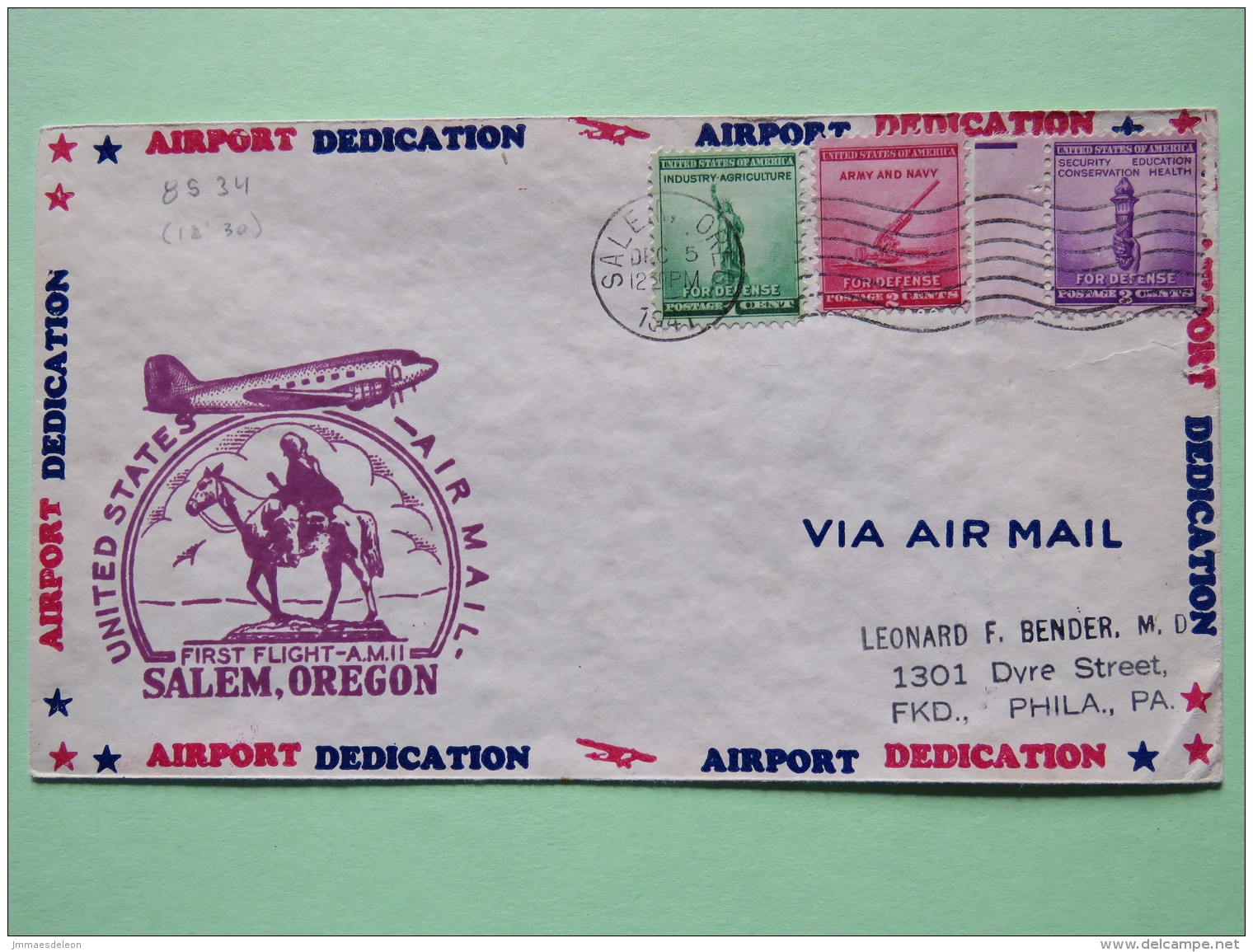 USA 1941 First Flight Cover Salem To Philadelphia - Plane - Horse - For Defense - Statue Of Liberty - Cannon - Torch - Brieven En Documenten