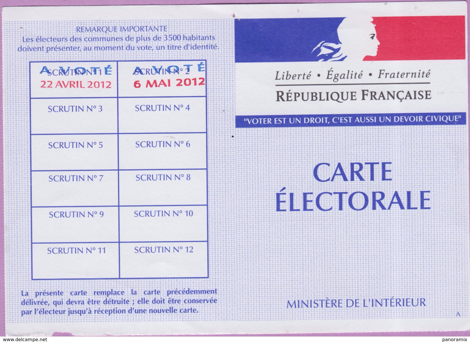 VP °° Carte électorale 2012 - Sans Pli - Utilisée 2 Fois - Très Bien Conservée  **  Nickel - Visiting Cards