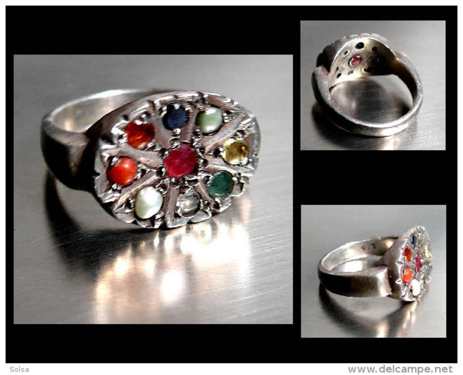 Ancienne Bague Navaratna Aux Neuf Gemmes T54 / Precious Navaratna Ring - Anillos