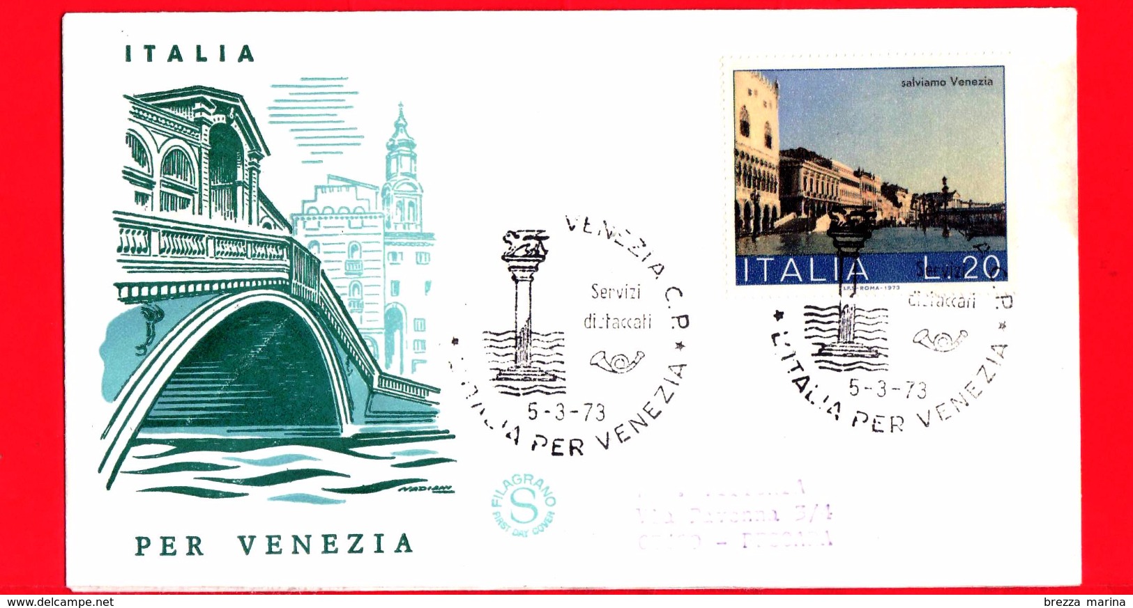 ITALIA - 1973 - FDC - Filagrano - Salviamo Venezia - Raccomandata - Viaggiata Da Venezia A Pescara - FDC