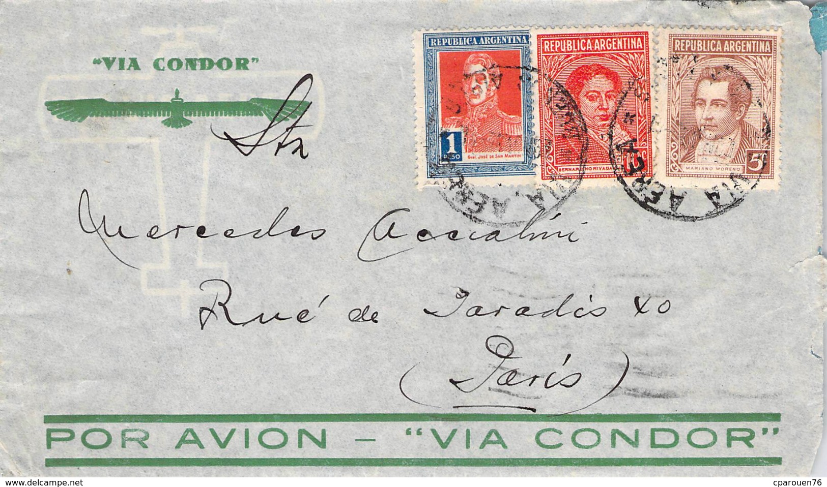 Lettre Poste Aérienne Por Avion Républica Argentina Argentine Via Condor - Lettres & Documents