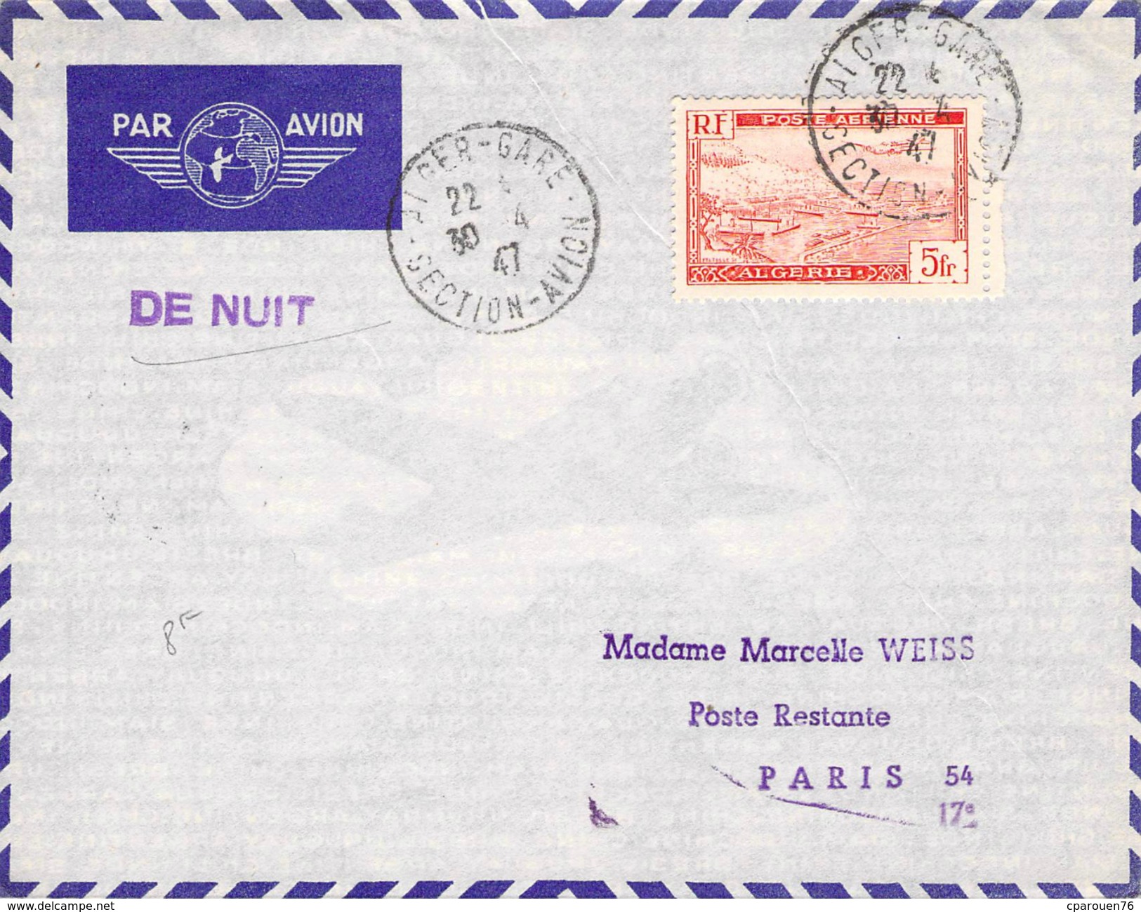 Lettre Timbre 5 F Poste Aérienne Algérie Vol De Nuit 1947 Cachet Alger Gare Section Avion - Posta Aerea