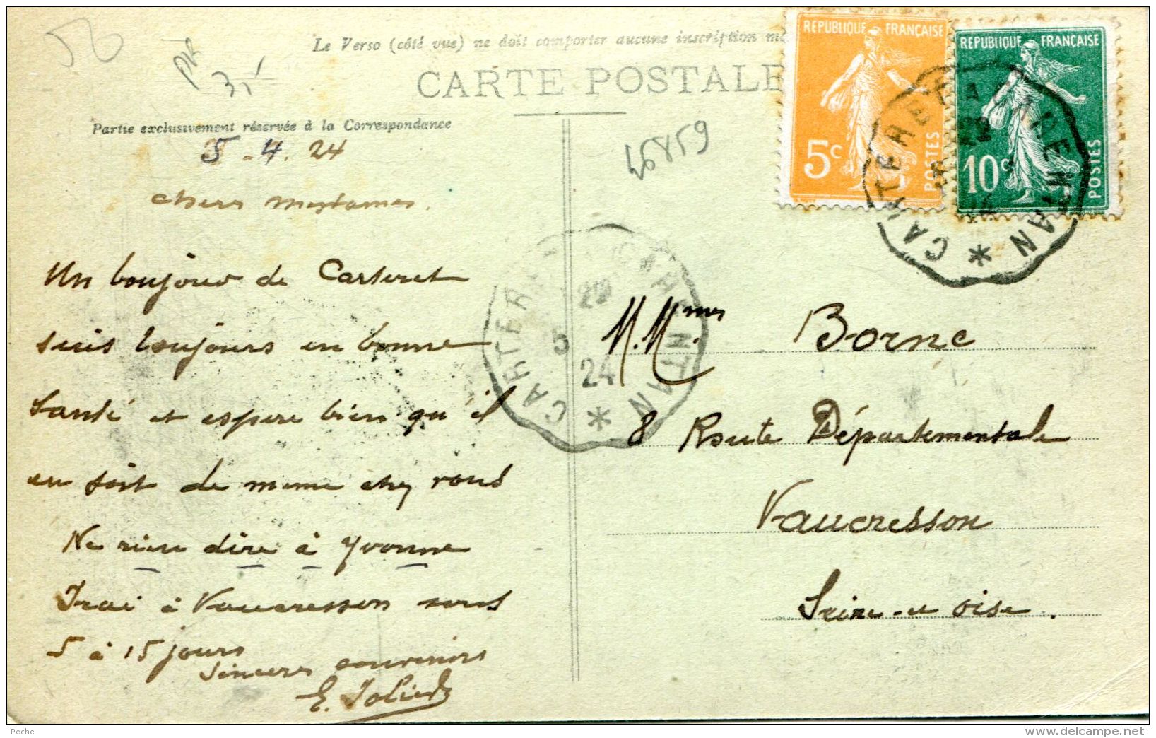 N°46859 -cachet Convoyeur (ambulant) Carteret à Carentan -1924- - Poste Ferroviaire