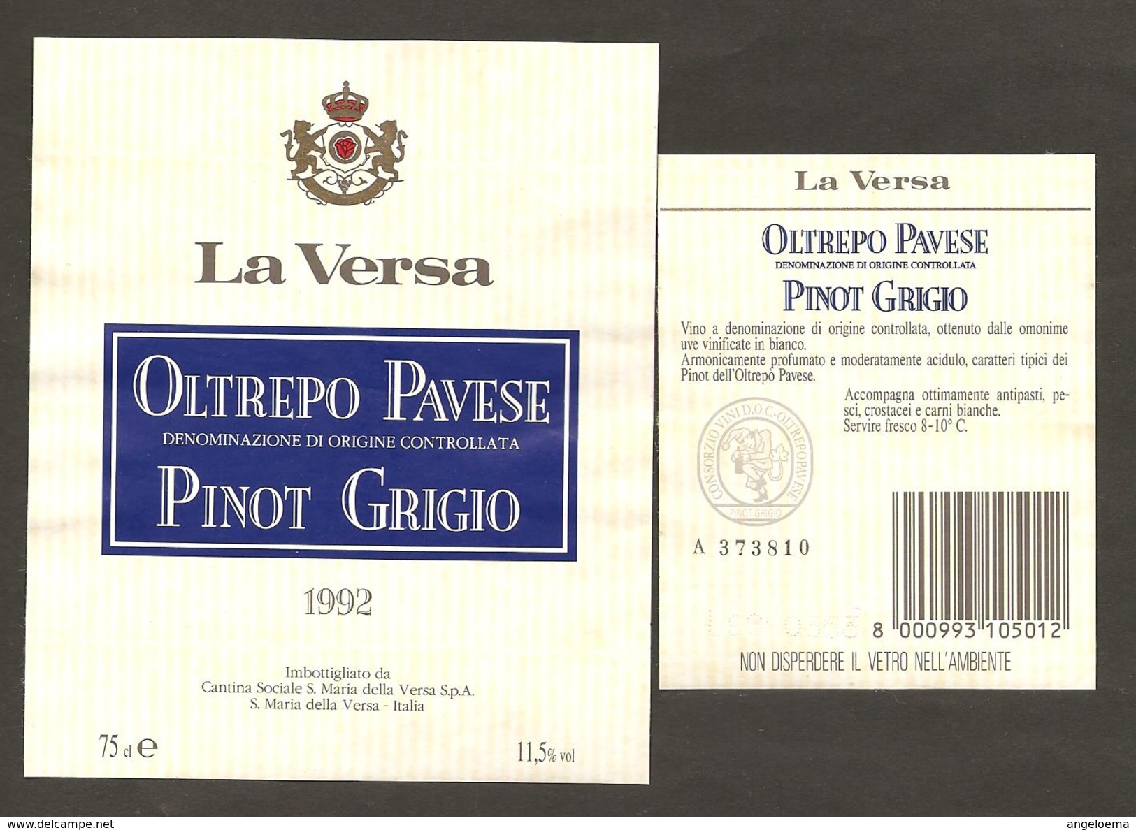 ITALIA - Etichetta Vino OLTREPO PAVESE PINOT GRIGIO Doc 1992 Cantina S. MARIA DELLA VERSA Bianco Di LOMBARDIA - Vino Bianco