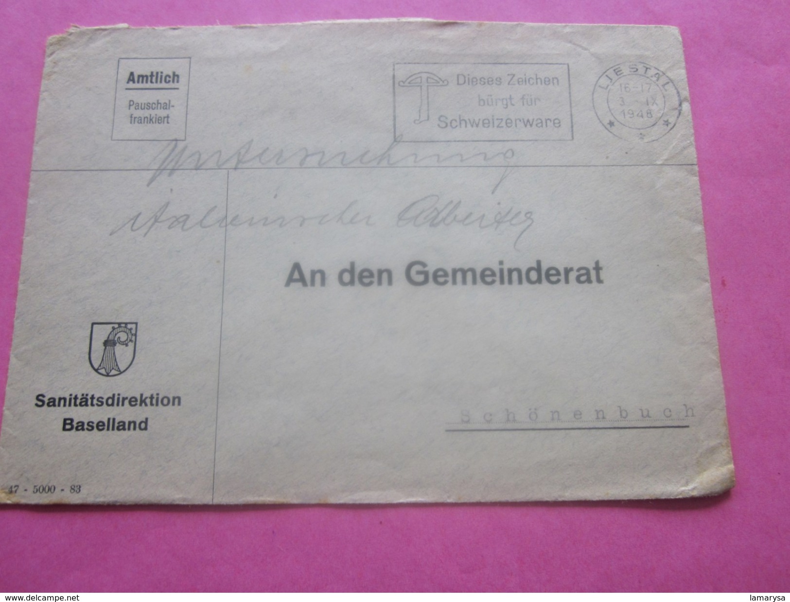 LIESTAL-1948 Baselland-Amtlich Pauschal-franklert-Suisse Marcophilie  Schunenbuch -Lettre Affranchissement Abonné - Poststempel