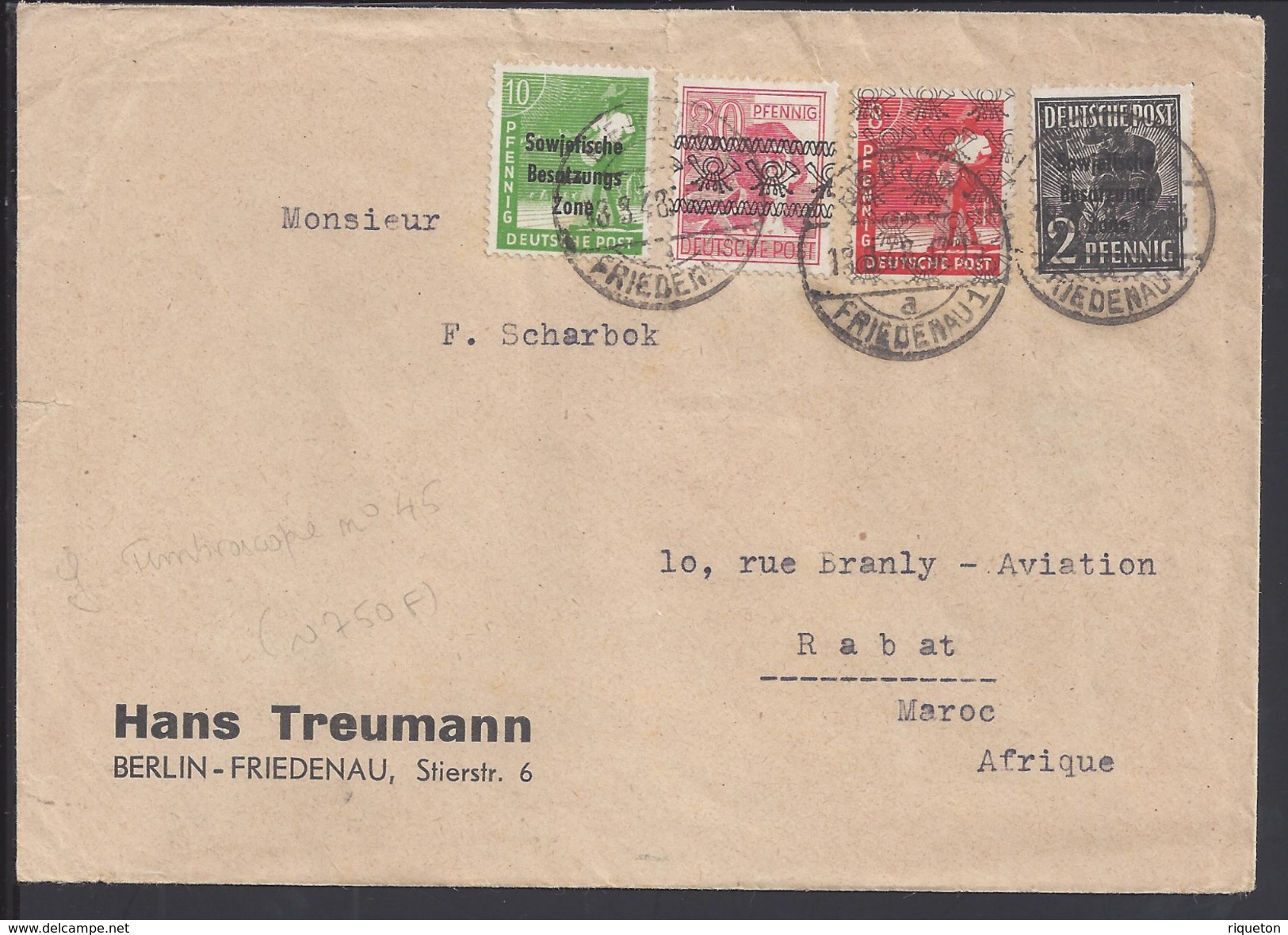 ALLEMAGNE - 1948 - Timbres Zone Anglo-Américaine, Soviétique Sur Enveloppe De Berlin Pour Rabat (Maroc) - B/TB - - Sonstige & Ohne Zuordnung