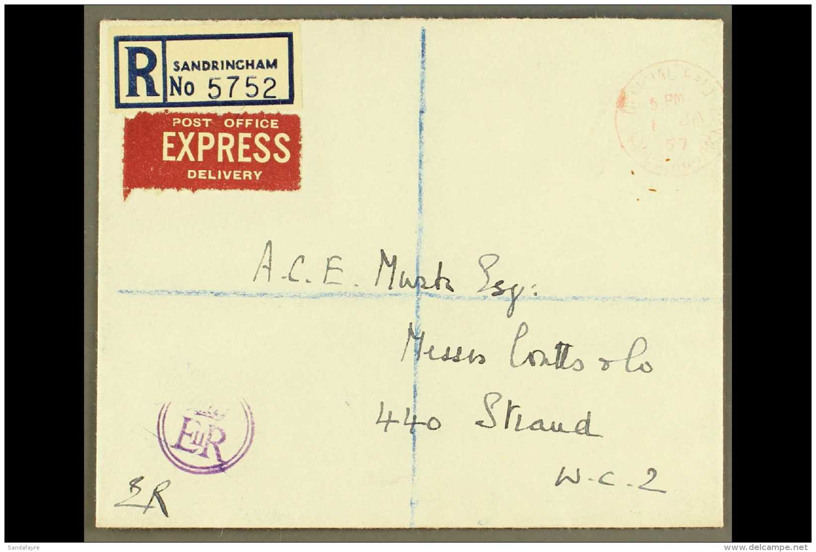 1957 ROYAL HOUSEHOLD COVER - EXPRESS DELIVERY FROM SANDRINGHAM, SIGNED BY THE QUEEN (Jan) Envelope Registered By... - Sonstige & Ohne Zuordnung