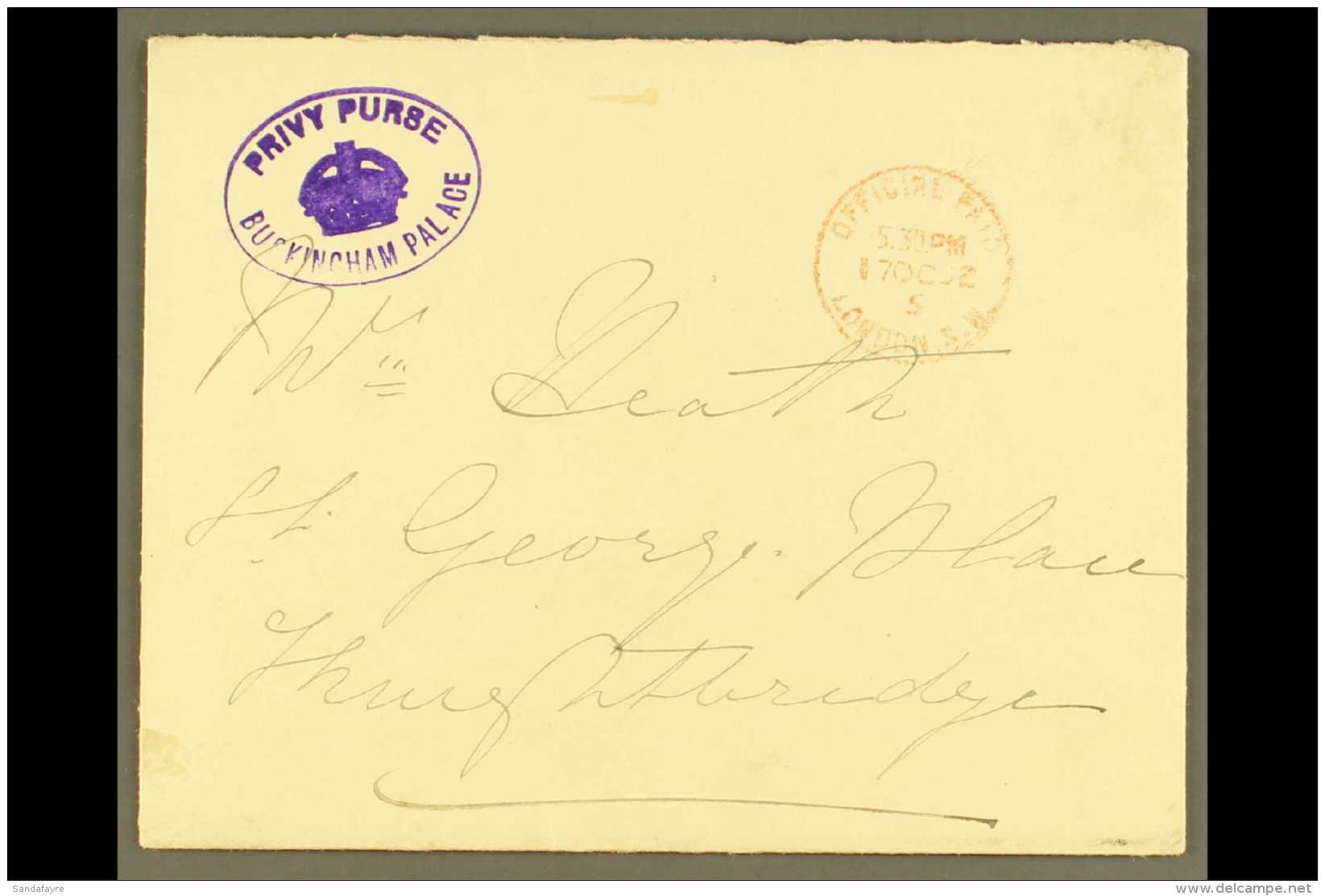 1902 PRIVY PURSE/BUCKINGHAM PALACE VIOLET CACHET ON OFFICIAL PAID ENVELOPE (Oct) Neat Envelope With Fine Red... - Ohne Zuordnung