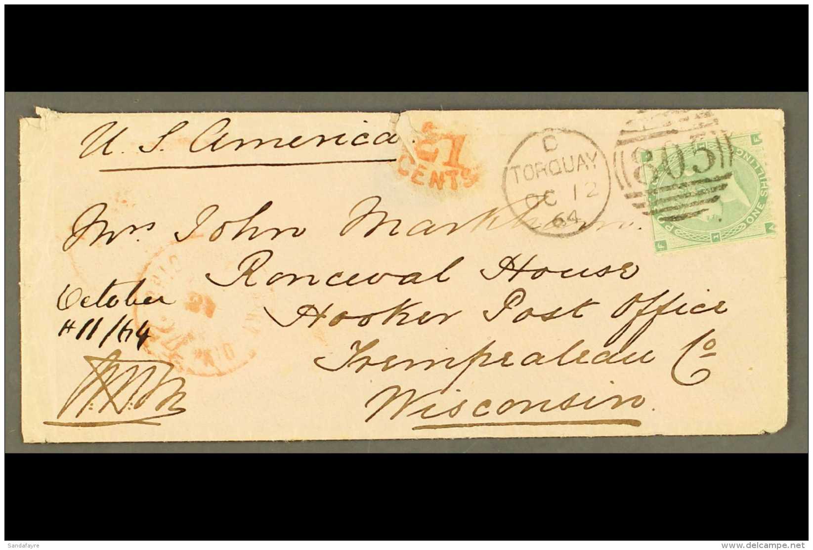 1864 1S GREEN FRANKING TO WISCONSIN, USA (Oct) Neat Envelope, Bearing 1s Green, SG 90 Plate 1, Tied By Torquay... - Sonstige & Ohne Zuordnung