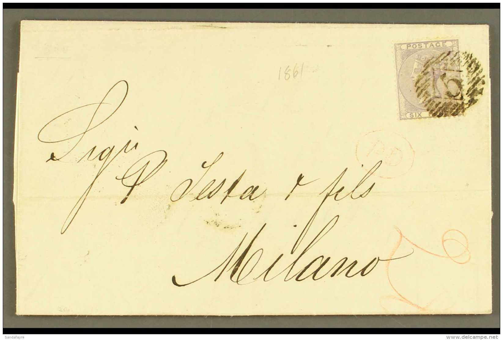 1861 (March) Neat Entire Letter To Italy, Bearing Single 6d Lilac, SG 70, Tied By London "5" Cancel, Oval Framed... - Sonstige & Ohne Zuordnung