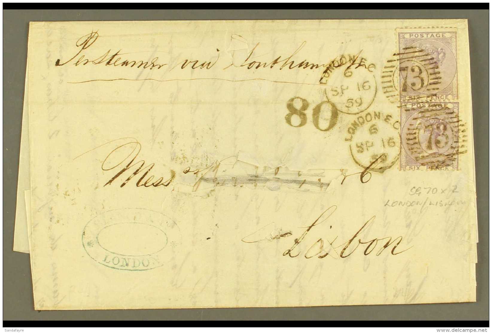 1859 (Sept) Entire Letter To Lisbon, Portugal, Bearing 6d Lilac X2, SG 70, Tied By London "73" Duplex, Hand Stamp... - Sonstige & Ohne Zuordnung