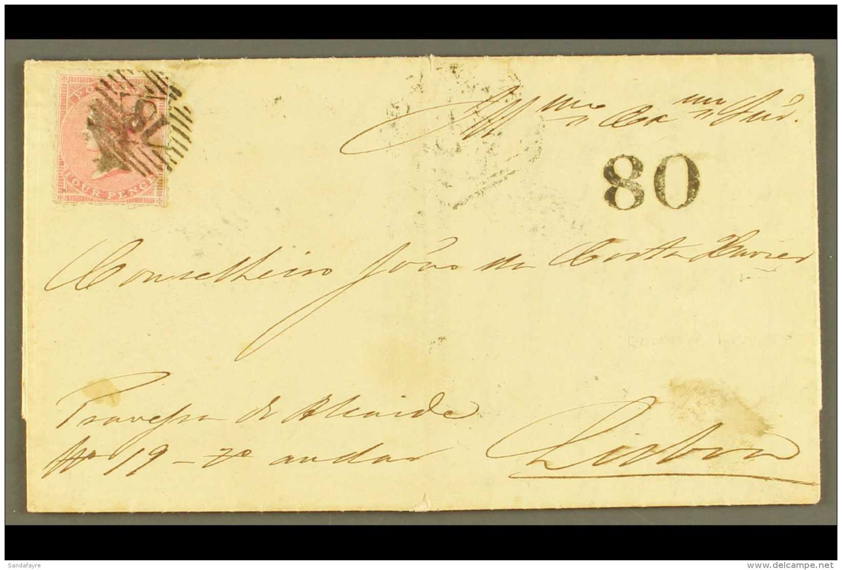 1859 (Dec) Neat Entire Letter London To Lisbon, Portugal, Bearing Unusually At Upper Left 4d Rode, SG 66, Tied By... - Autres & Non Classés