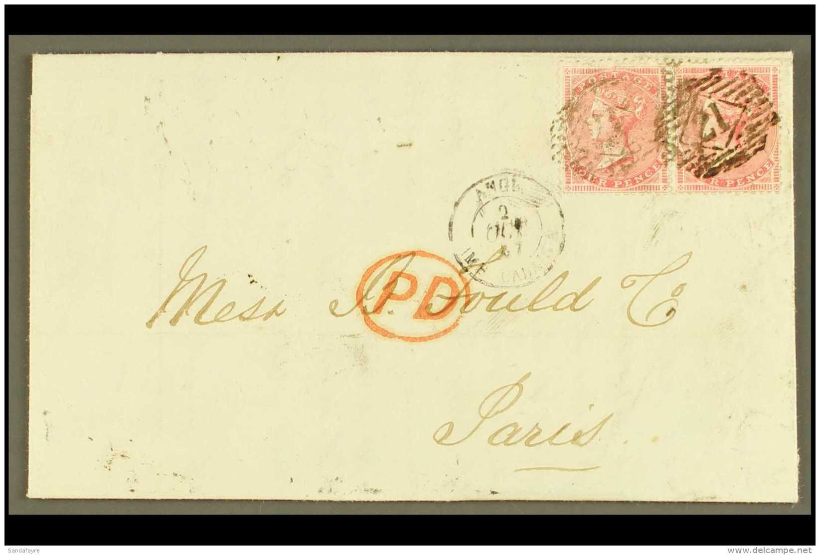 1857 (Oct) Neat Entire Letter To Paris, Bearing Horizontal Pair Of 4d Rose, SG 66, Tied By "21" London Cancels,... - Altri & Non Classificati