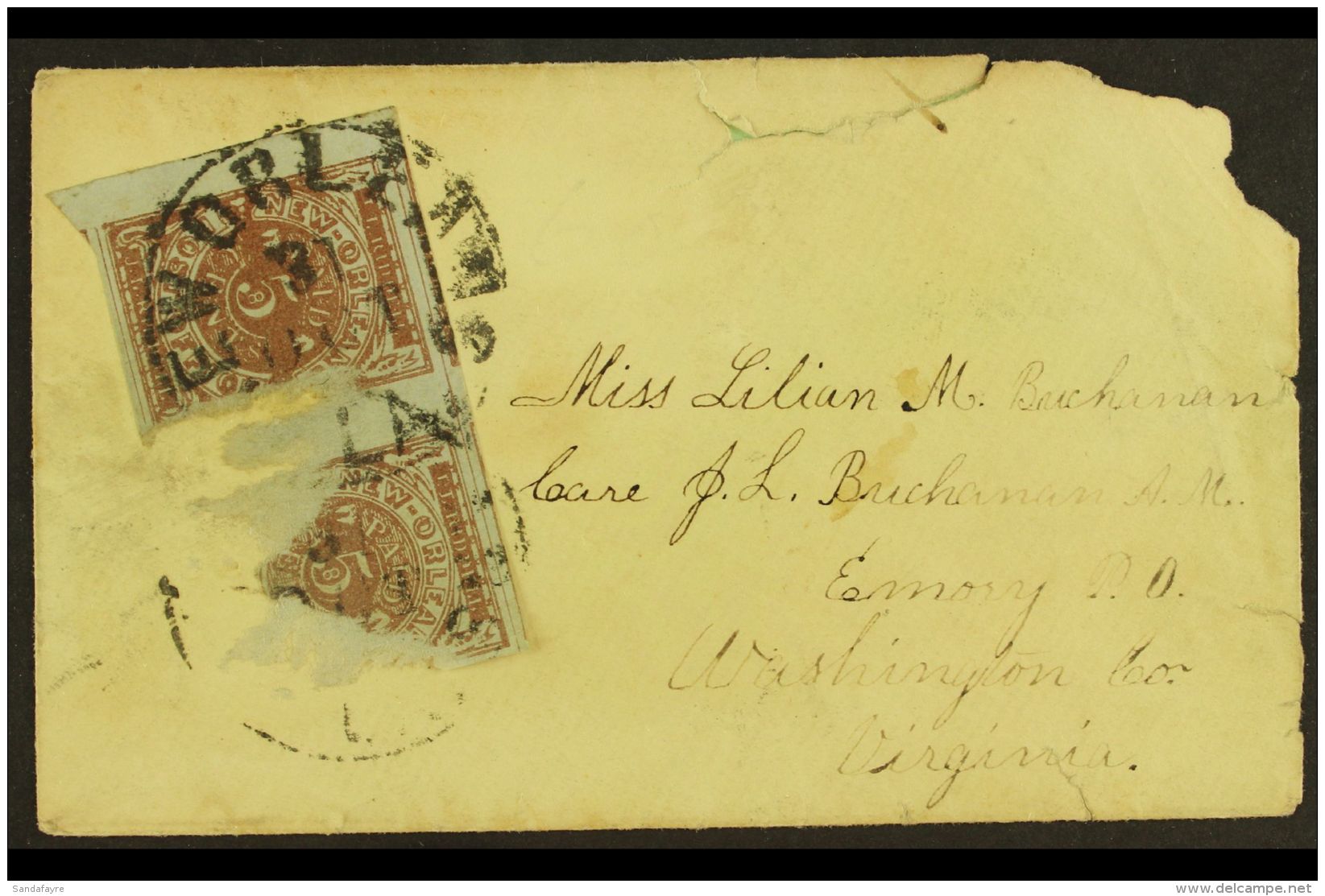 1861 NEW ORLEANS POSTMASTER'S PROVISIONAL ON COVER. 1861 5c Red-brown On Bluish Local Stamp, Scott 62X4, Badly... - Sonstige & Ohne Zuordnung