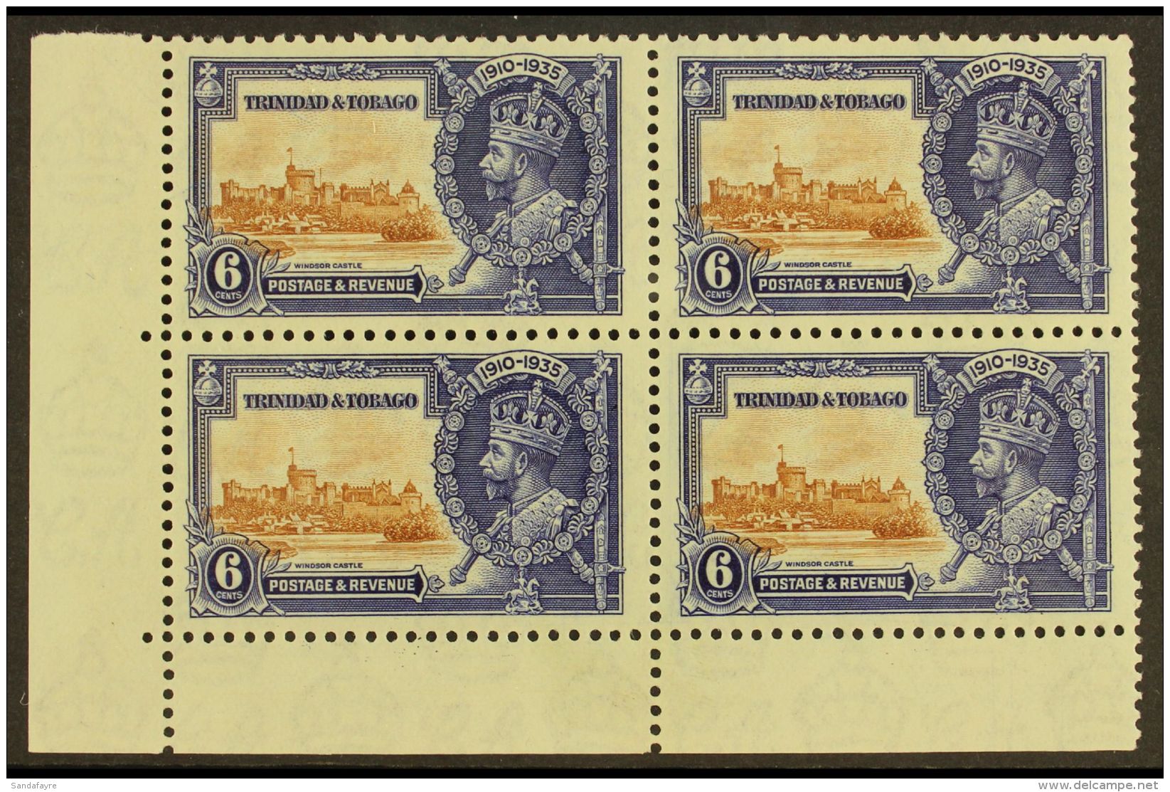 1935 6c Brown And Deep Blue, Silver Jubilee, Bottom Left Corner Block Of 4 One Showing The Variety "Extra... - Trinidad & Tobago (...-1961)
