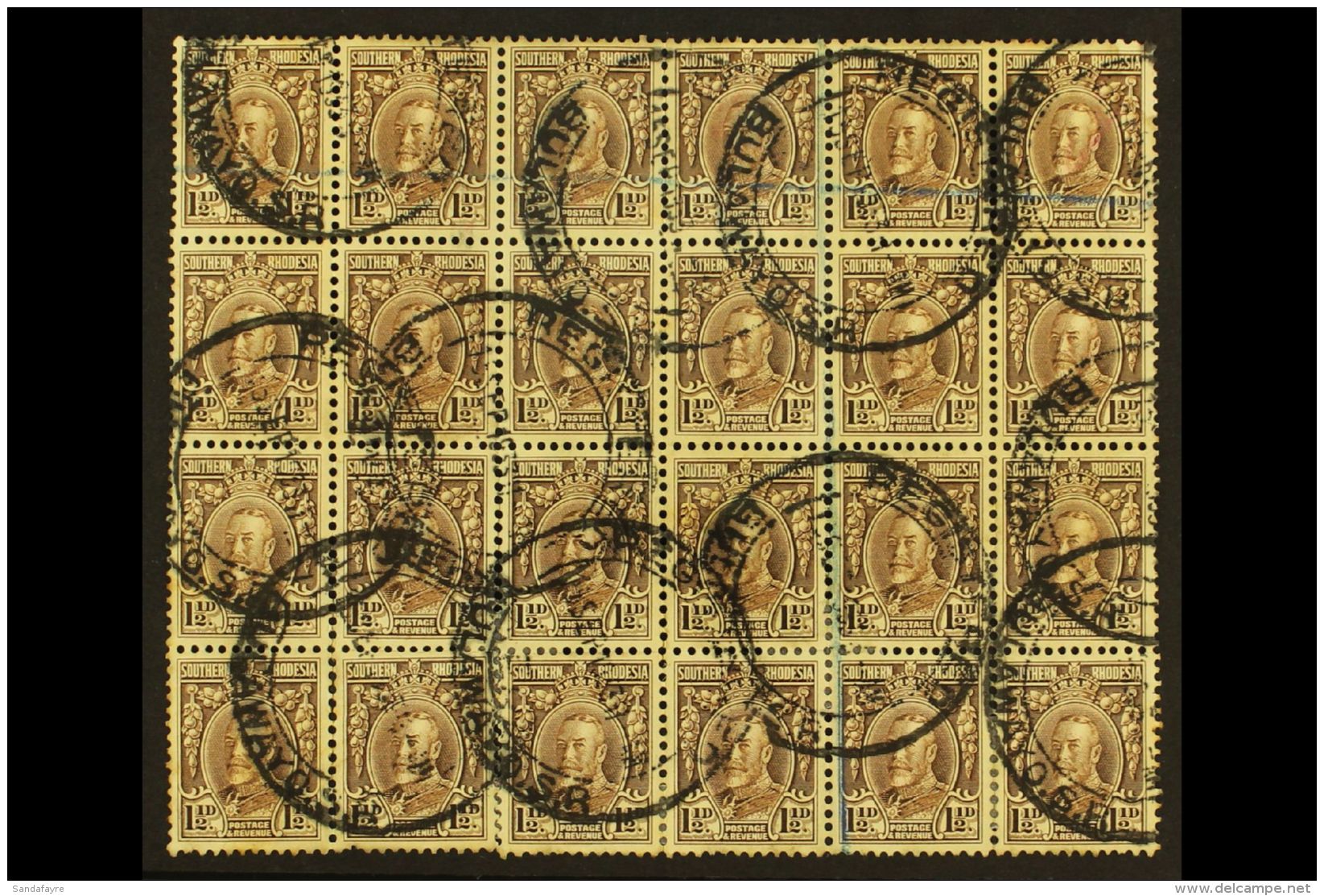 1931-7 1&frac12;d Chocolate, Perf.11&frac12;, Block Of 24, SG 16d, Genuinely Used With 1933 "REGISTRATION /... - Rhodesia Del Sud (...-1964)