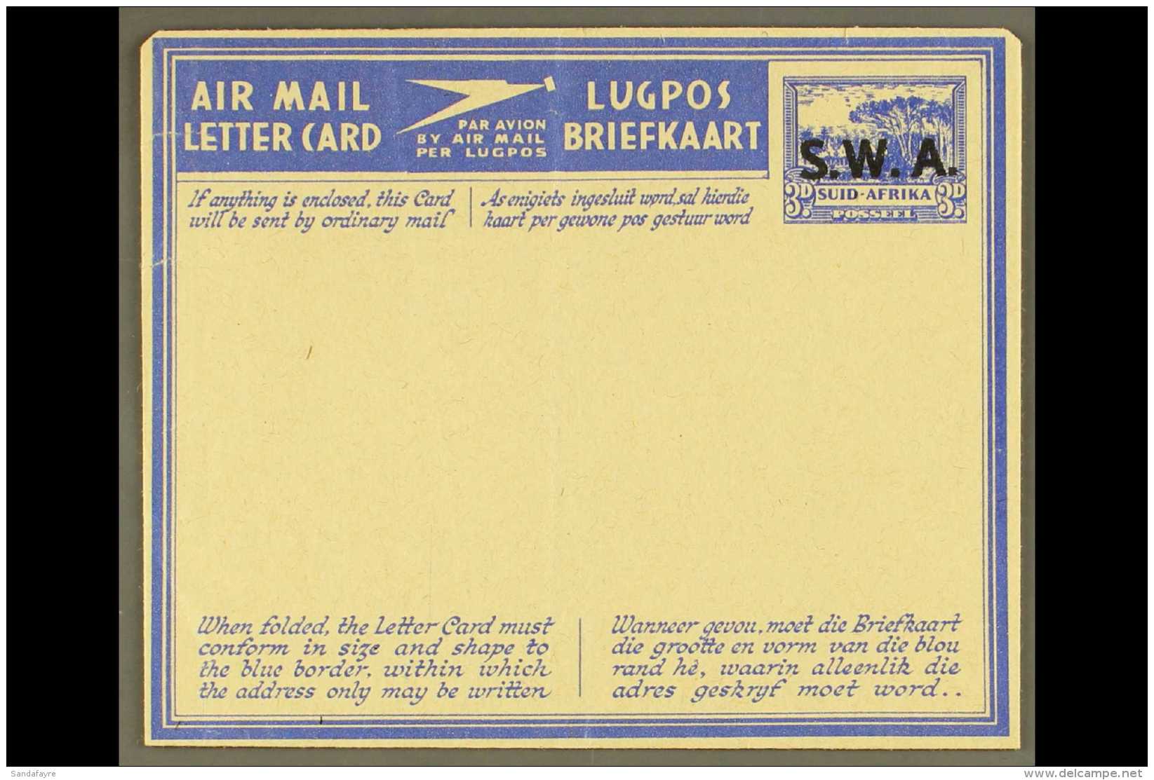 AEROGRAMME 1944 3d Blue, "S.W.A." Large Type VII Overprint On South Africa Issue, H&amp;G I14, Kessler 114,... - South West Africa (1923-1990)