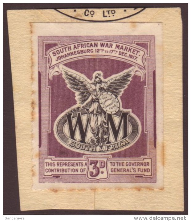 1917 WAR LABEL South African War Market, Johannesburg 3d Label, Black &amp; Purple On Piece, Toned, Seldom Seen... - Ohne Zuordnung