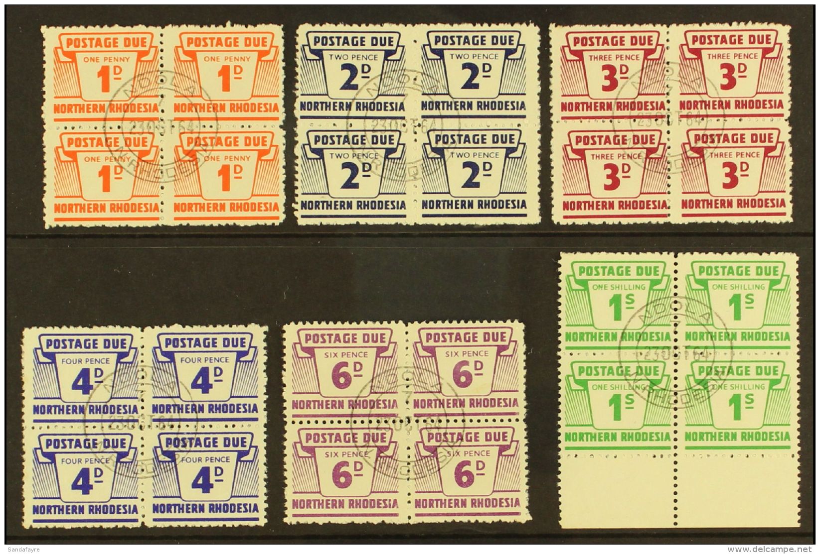 POSTAGE DUES 1963 Set Of 6 Values In Blocks Of 4, SG D5/10, SUPERB USED With Central NDOLA C.d.s. Postmarks (6... - Northern Rhodesia (...-1963)