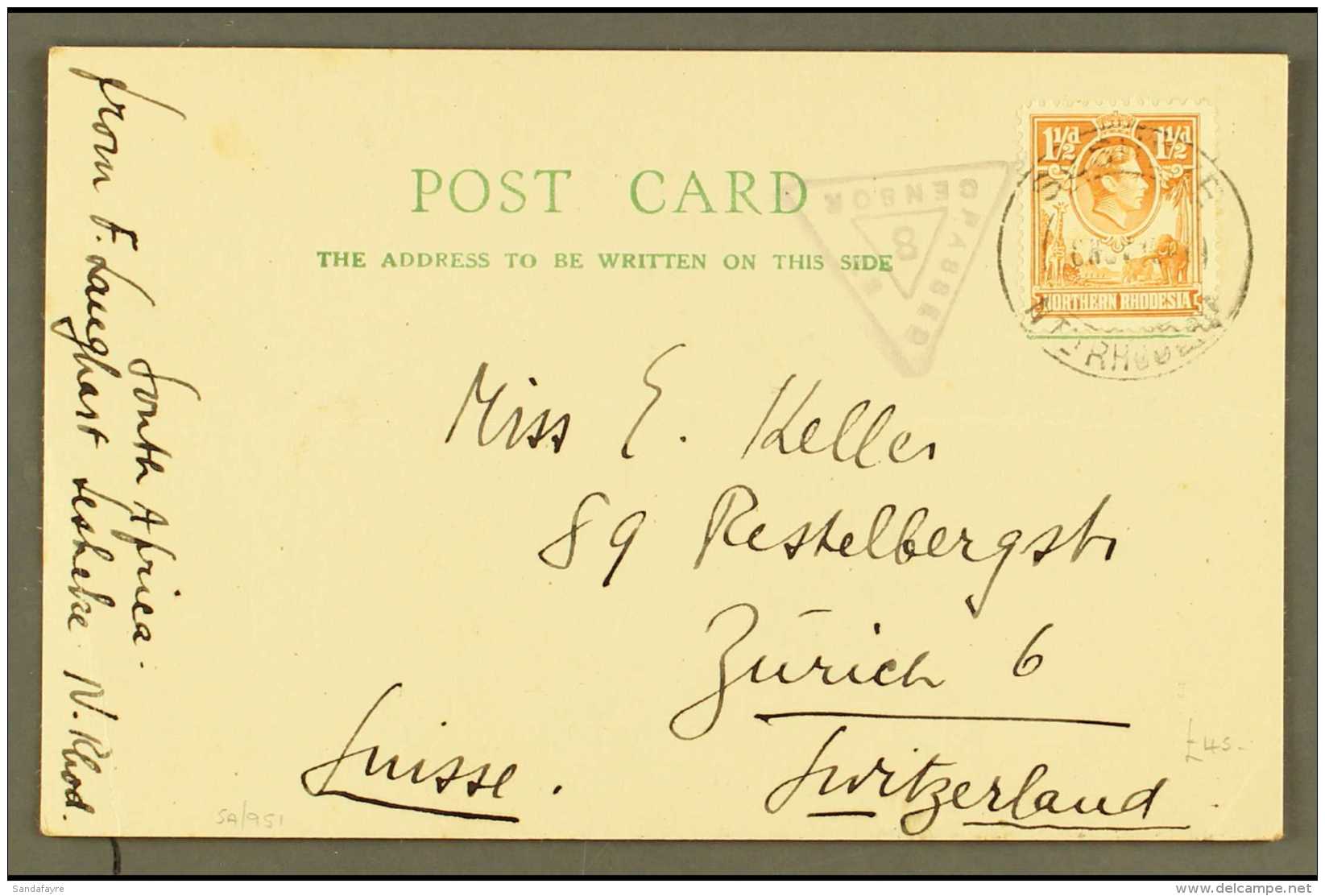 1941 (Sept) Postcard To Switzerland, Bearing 1&frac12;d Orange Tied Sesheke Cds, Triangular "PASSED BY CENSOR/8".... - Nordrhodesien (...-1963)