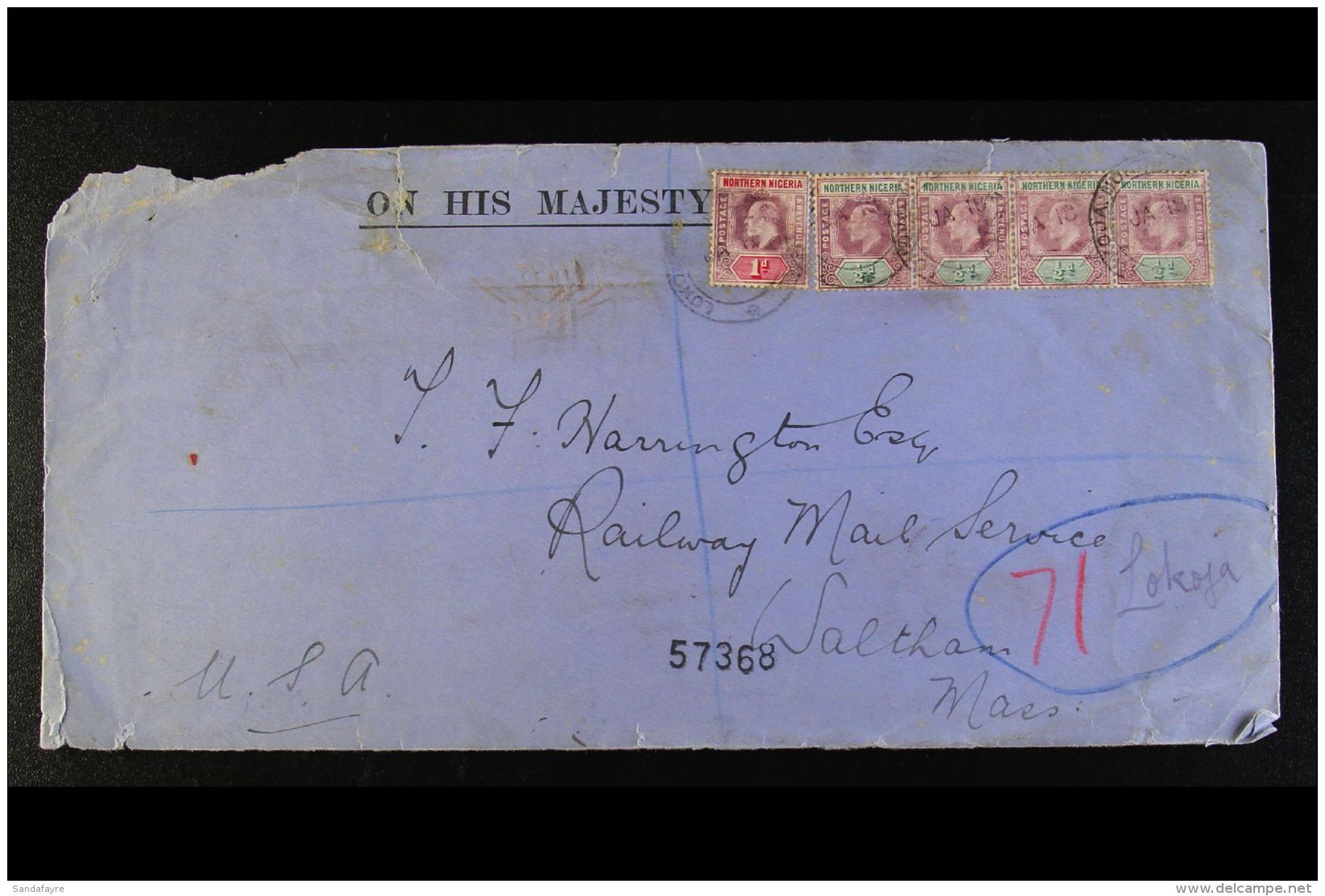 1909 (Feb) OHMS Legal Size Envelope Bearing &frac12;d Strip Of Four And Single 1d, SG 20a, 21a, Tied Lokoja Cds's,... - Nigeria (...-1960)