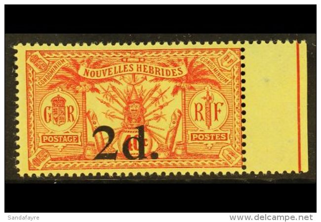 ENGLISH: 1920-21 2d On 40c French Paper, SG 35, Right Marginal Example, Superb Mint Never Hinged Mint. For More... - Autres & Non Classés