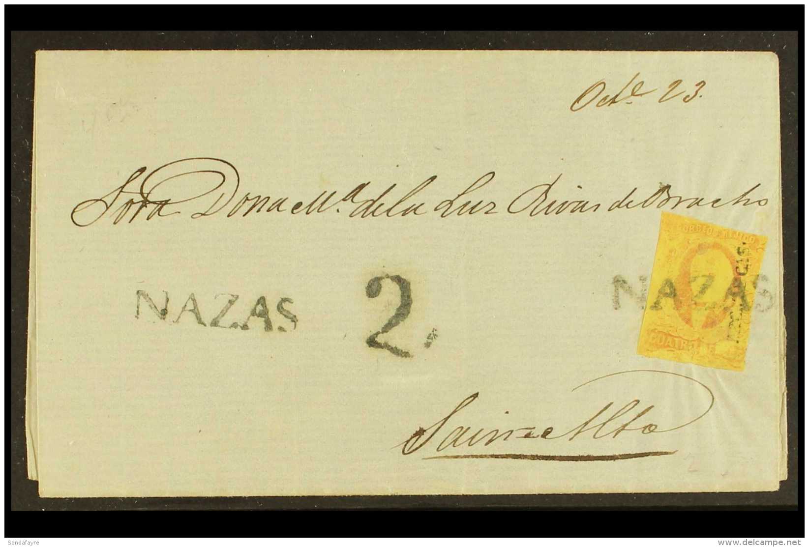 ZACATECAS DISTRICT Cover From Nazas To Sain Alto Bearing 1861 4r Dull Rose On Yellow Paper (Scott 10), Tied By... - Mexiko