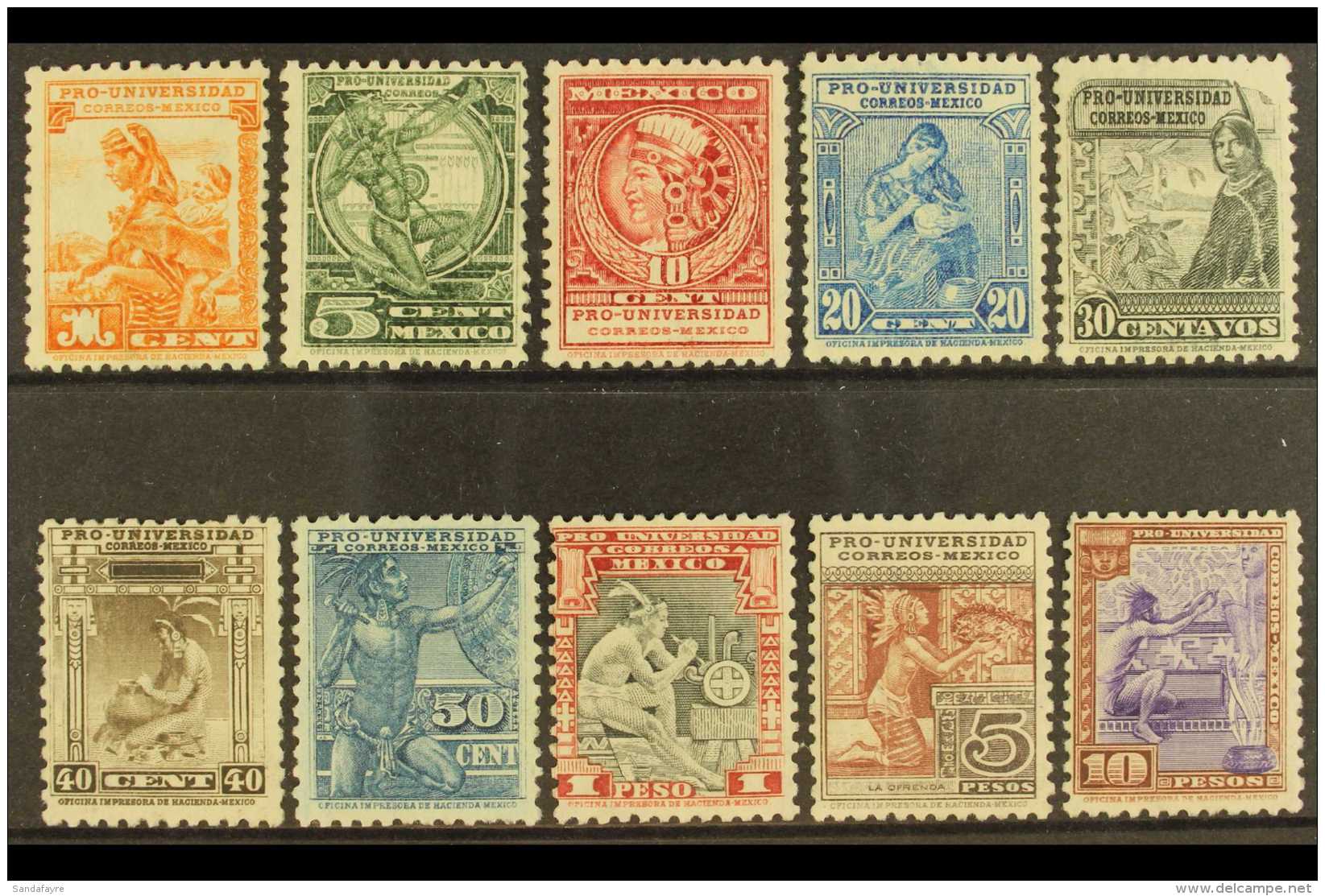 1934 National University (Postage) Complete Set, Scott RA13B &amp; 698/706 (SG 543/52), Very Fine Mint. (10... - Messico