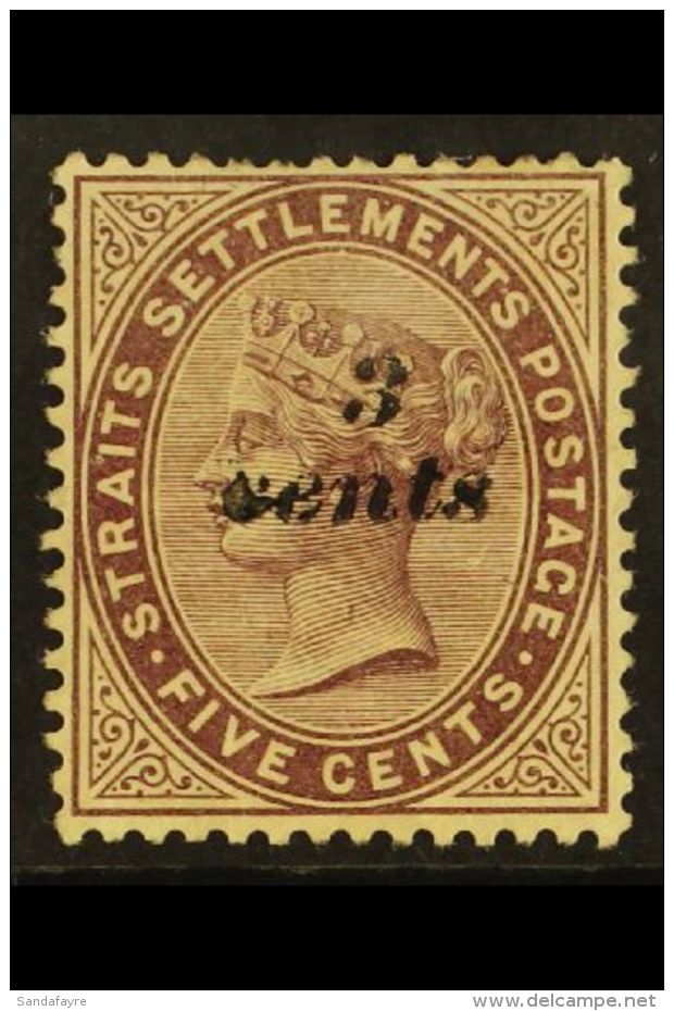 1886 3c On Purple-brown Surcharge, SG 84, Mint Part Og, A Few Shortish Perfs At Top, Fresh Colour. For More... - Straits Settlements