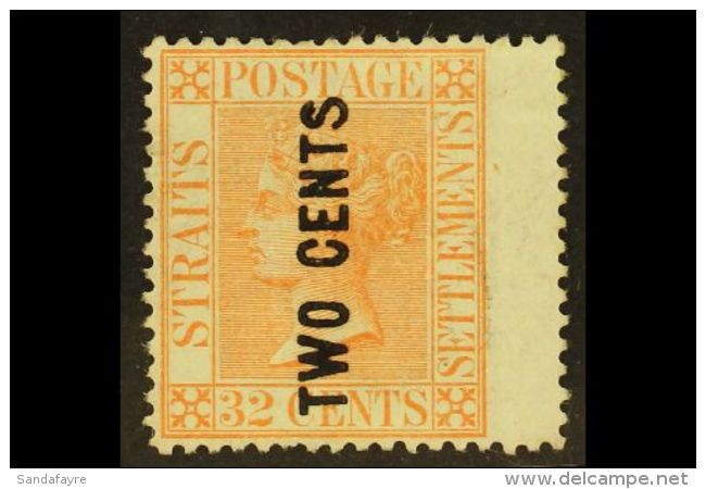 1883 2c On 32c Orange Surcharge With "S" Wide, SG 59, Mint Wing Margin Example, Light Wrinkle, Lovely Fresh... - Straits Settlements