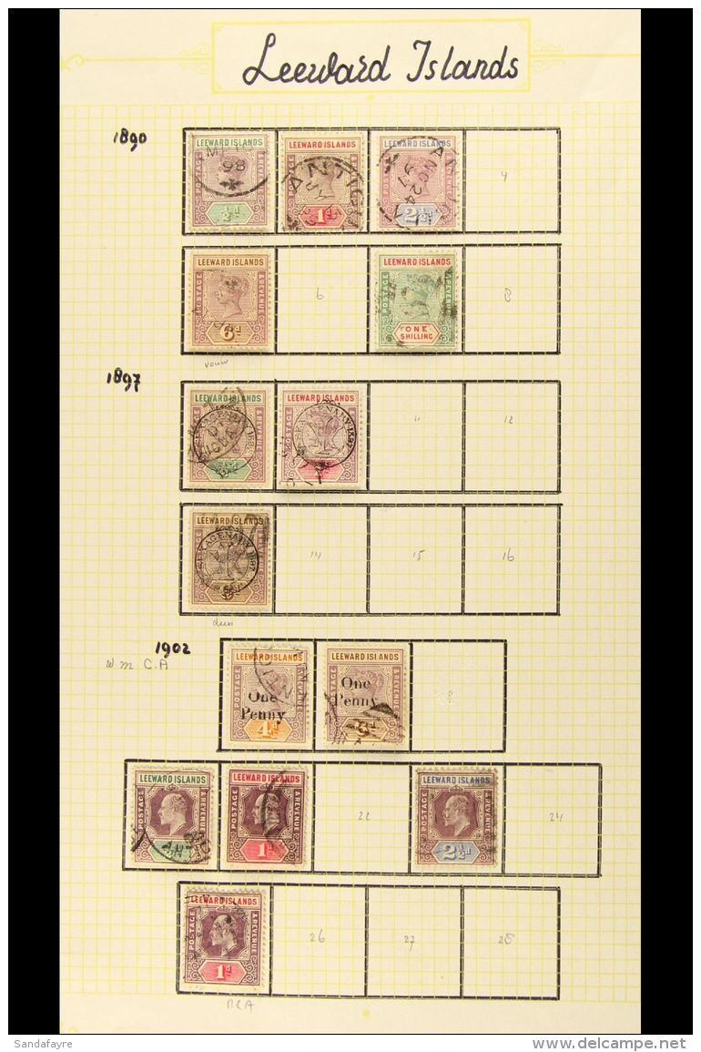 1890-1902 USED COLLECTION On A Page, All Different, Inc 1890 Vals To 1s, 1897 &frac12;d, 1d &amp; 6d (fault)... - Leeward  Islands
