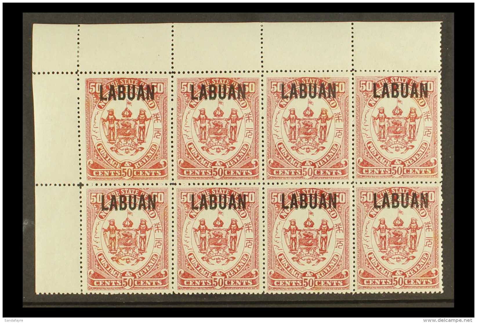 1896 50c Maroon With Labuan Opt, SG 81, Never Hinged Mint Block Of 8. Lovely Frontal Appearance With Some Gum Tone... - Nordborneo (...-1963)