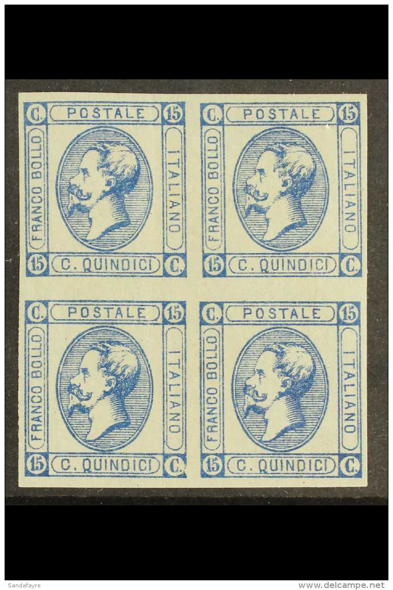 1863 15c Blue VE II, Sass 12, Superb Mint Block Of 4, (2 Og, 2nhm), Signed Diena And Bolaffi With Diena Cert. Rare... - Ohne Zuordnung