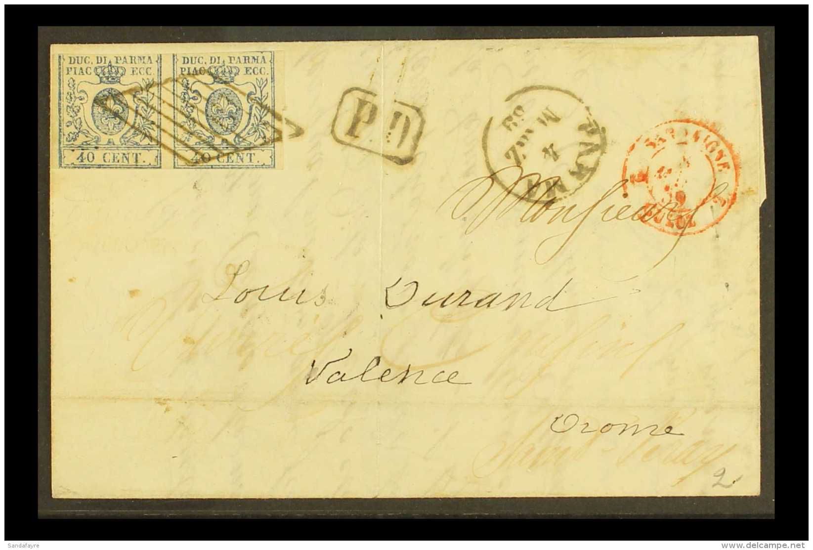 PARMA 1859 Cover To France Franked 40c Blue Horizontal Pair, Showing The Variety "Thin And Fat O In Pair", Sass... - Ohne Zuordnung