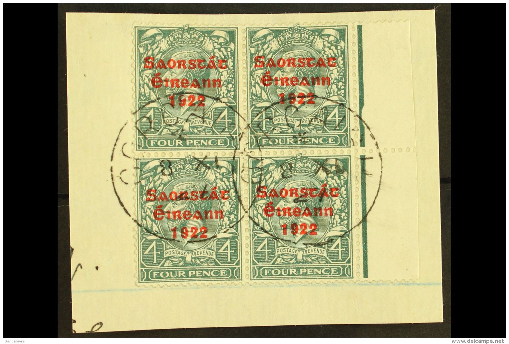1922-23 SAORSTAT 4d Grey-green, Right Marginal Block Of Four, Showing NO ACCENT, SG 58a, On A Piece Tied By Cds's.... - Altri & Non Classificati