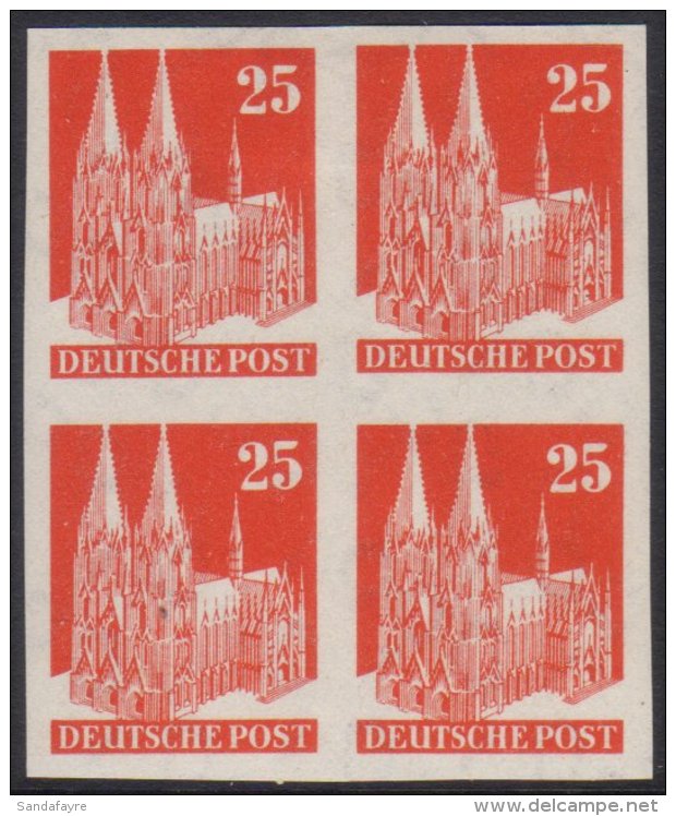 AMERICAN &amp; BRITISH ZONE 1948-52 25pf Vermilion Cologne Cathedral Definitive IMPERF BLOCK OF FOUR, Mi 87 II U,... - Sonstige & Ohne Zuordnung