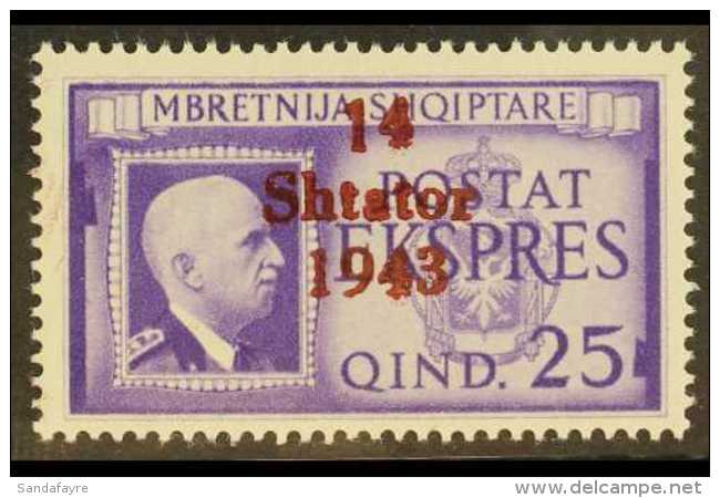 ALBANIA 1943 25q Bright Violet Express Overprint With LONG "1" OF "14" Variety, Michel 14 XIV, Never Hinged Mint,... - Other & Unclassified