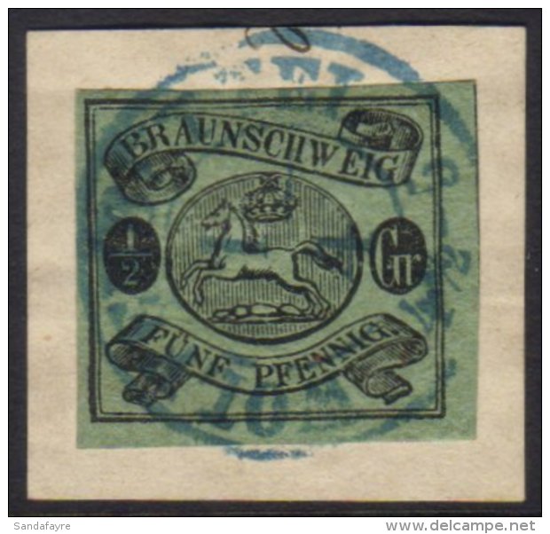 BRUNSWICK 1861-63 &frac12;gr Black On Blue-green, SG 15, Michel 10, Very Fine Used On Piece Tied By Blue Cds... - Sonstige & Ohne Zuordnung