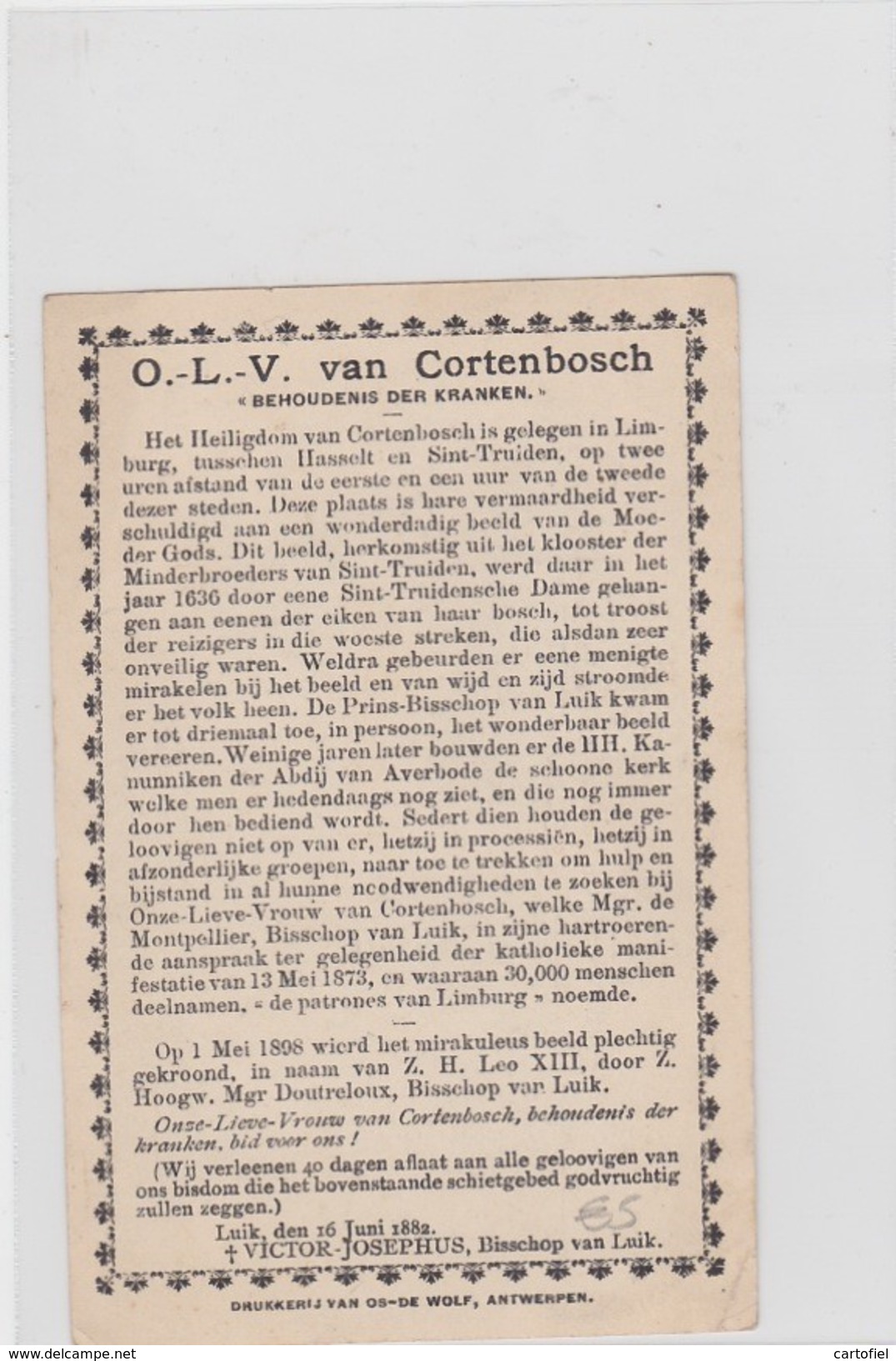 KORTENBOS-CORTENBOSCH-SINT-TRUIDEN-HEILIGENPRENTJE-1882-ONZE-LIEVE-VROUW-IN PERFEKTE STAAT-ZIE 2 SCANS ! ! ! - Sint-Truiden