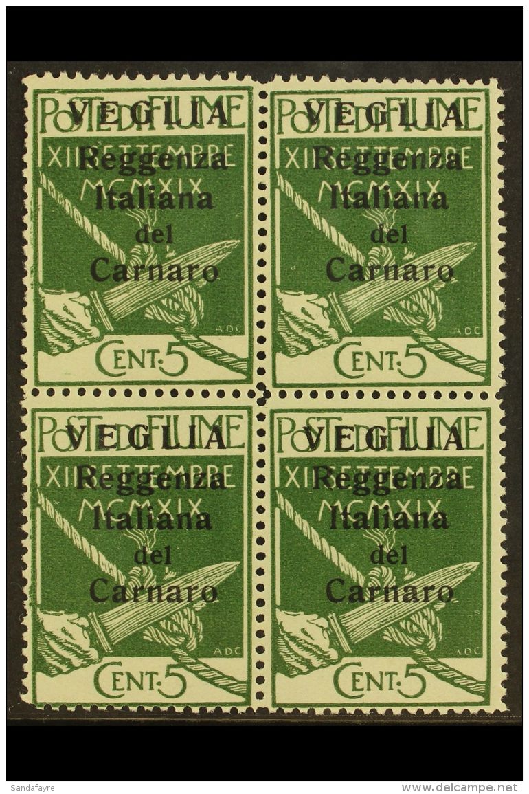 VEGLIA 1920 (28 Nov) 5c Green With Small "VEGLIA" Opt, Sassone 5, Never Hinged Mint Block Of Four. (4 Stamps)  For... - Fiume