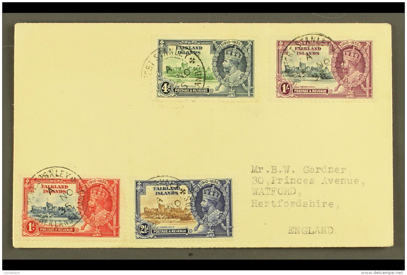 1935 Silver Jubilee Complete Set, SG 139/142, Very Fine Used On Cover To England, Tied By PORT STANLEY / FALKLAND... - Falklandinseln