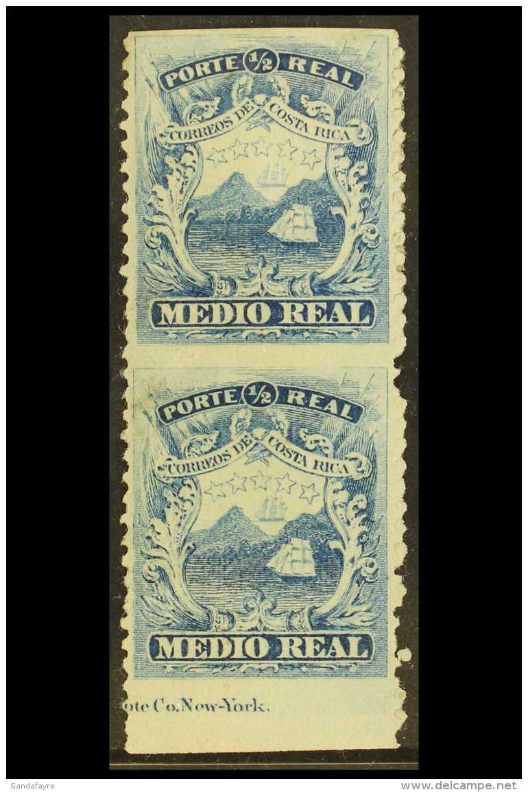 1875 &frac12;r Blue, Plate II, Lower Marginal Pair Showing Variety "IMPERF HORIZONTALLY", Scott 1b (SG 2a), Fine... - Costa Rica