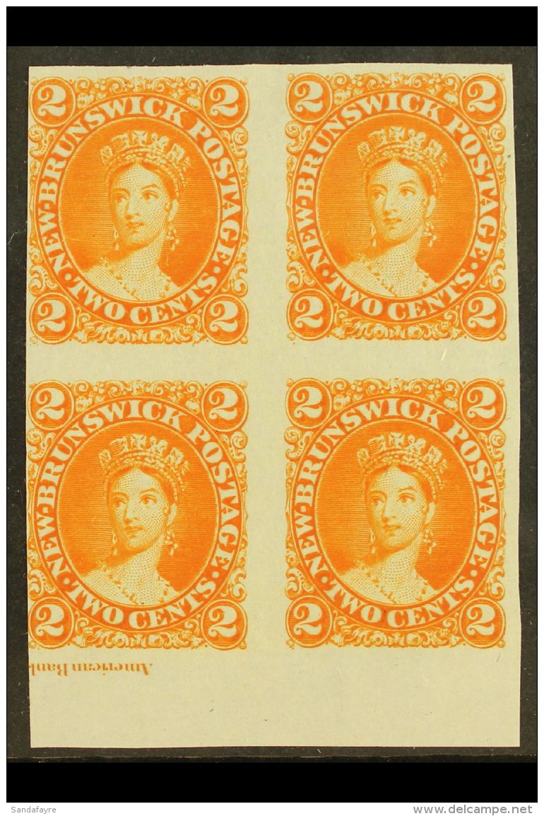 1860-63 2c Orange Queen Victoria Imperf PLATE PROOF Marginal BLOCK Of 4 With Part Imprint, Unitrade 7Pi, Printed... - Sonstige & Ohne Zuordnung