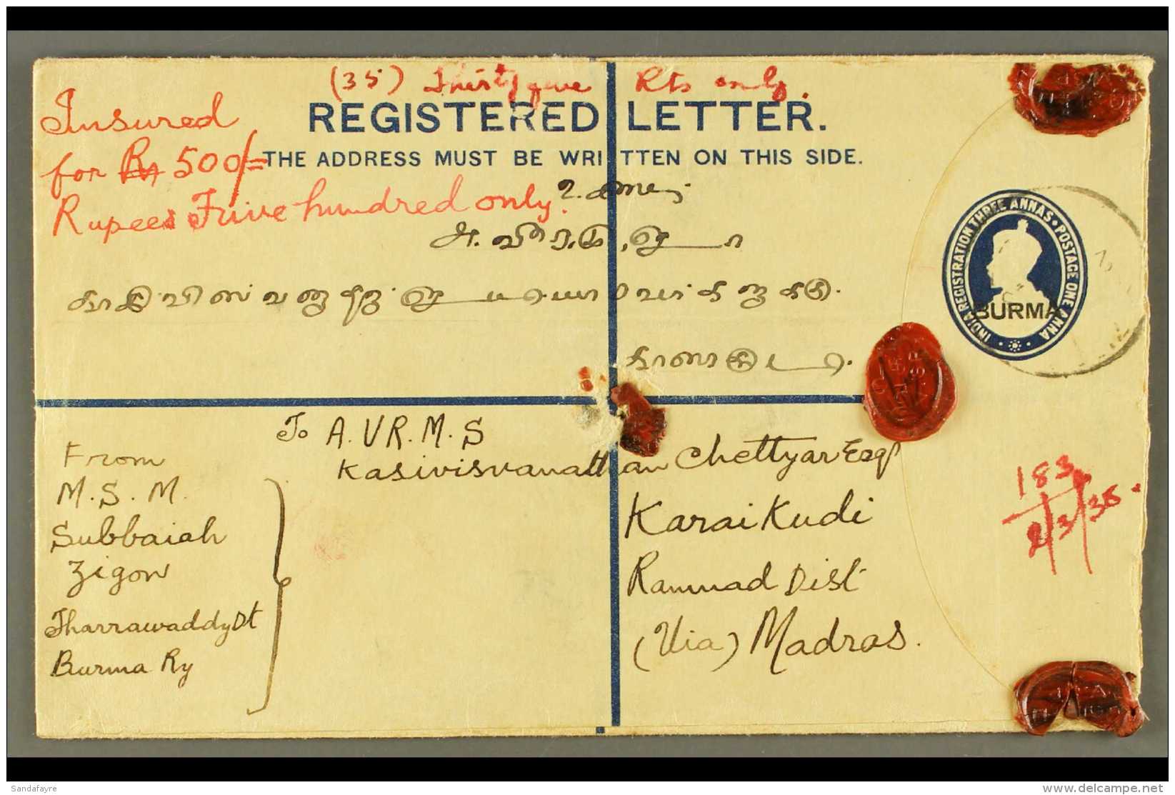 1938 (March) Overprinted 3a And 1a Registered Envelope , Bearing Additional Overprinted 1a, 3a And 1r Tied By... - Burma (...-1947)