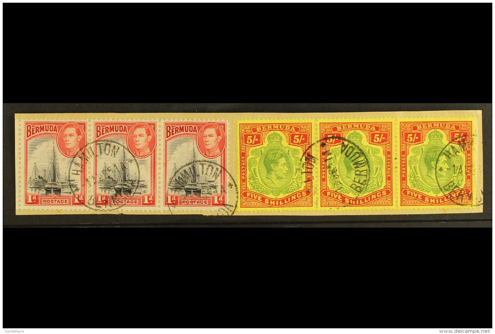 1938-53 5s Yellow-green &amp; Red On Pale Yellow Perf 13 Ordinary Paper, SG 118f, Fine Used Horizontal STRIP Of 3... - Bermuda