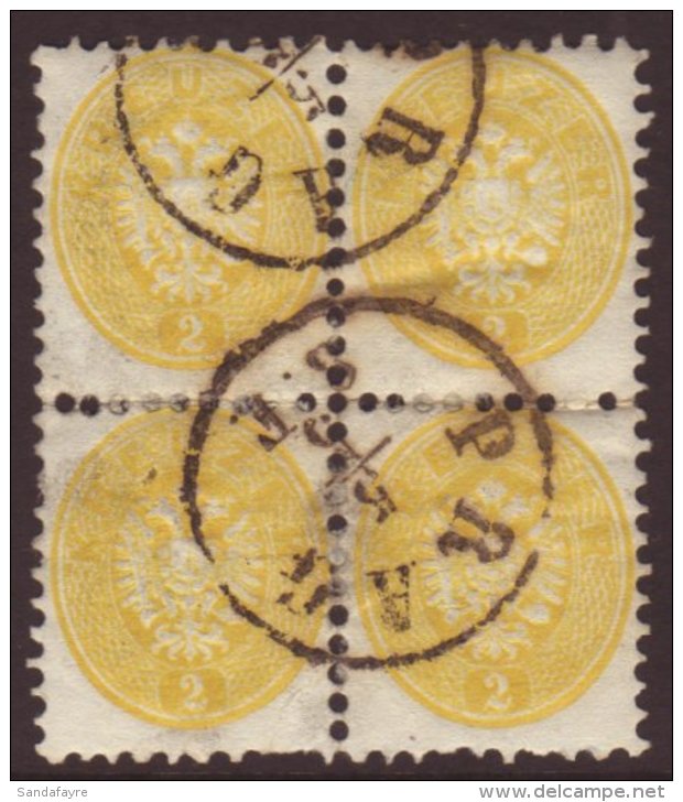 1863-64 2kr Yellow Perf 9&frac12;, Michel 30, SG 45, Finely Used BLOCK Of 4 Stamps With "Prag" Cds's, Minor... - Sonstige & Ohne Zuordnung