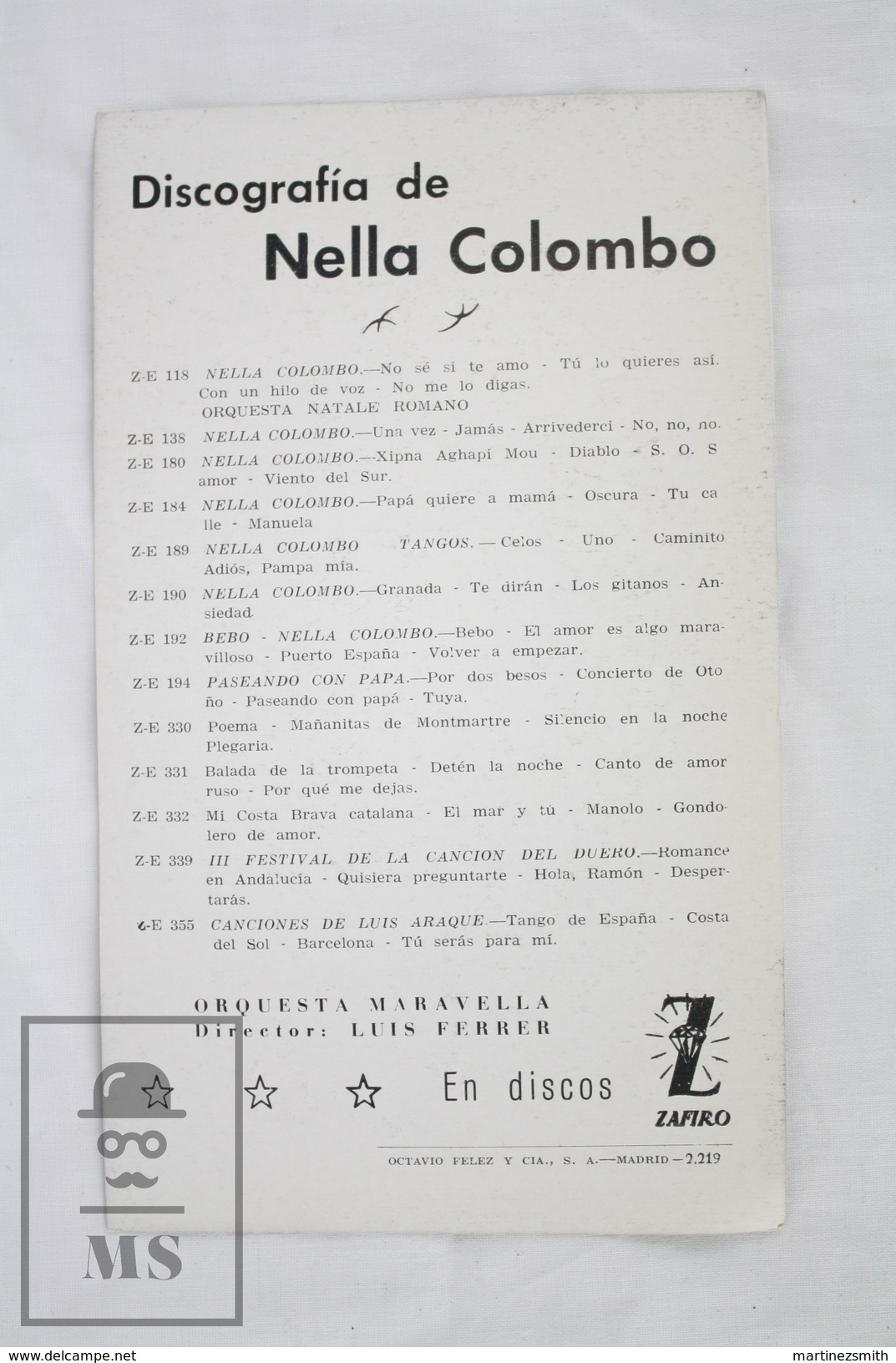 1960's Italian Singer Music Sheet/ Leaflet - Nella Colombo - Música Y Músicos