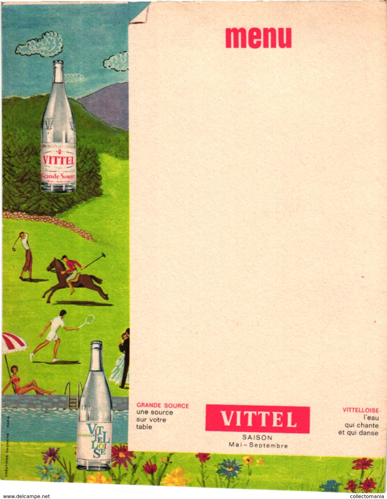 1 Menu Card  C1930 SPORT TENNIS Pub VITTEL  Mineral Water Grande Source Golf Hockey - Sonstige & Ohne Zuordnung