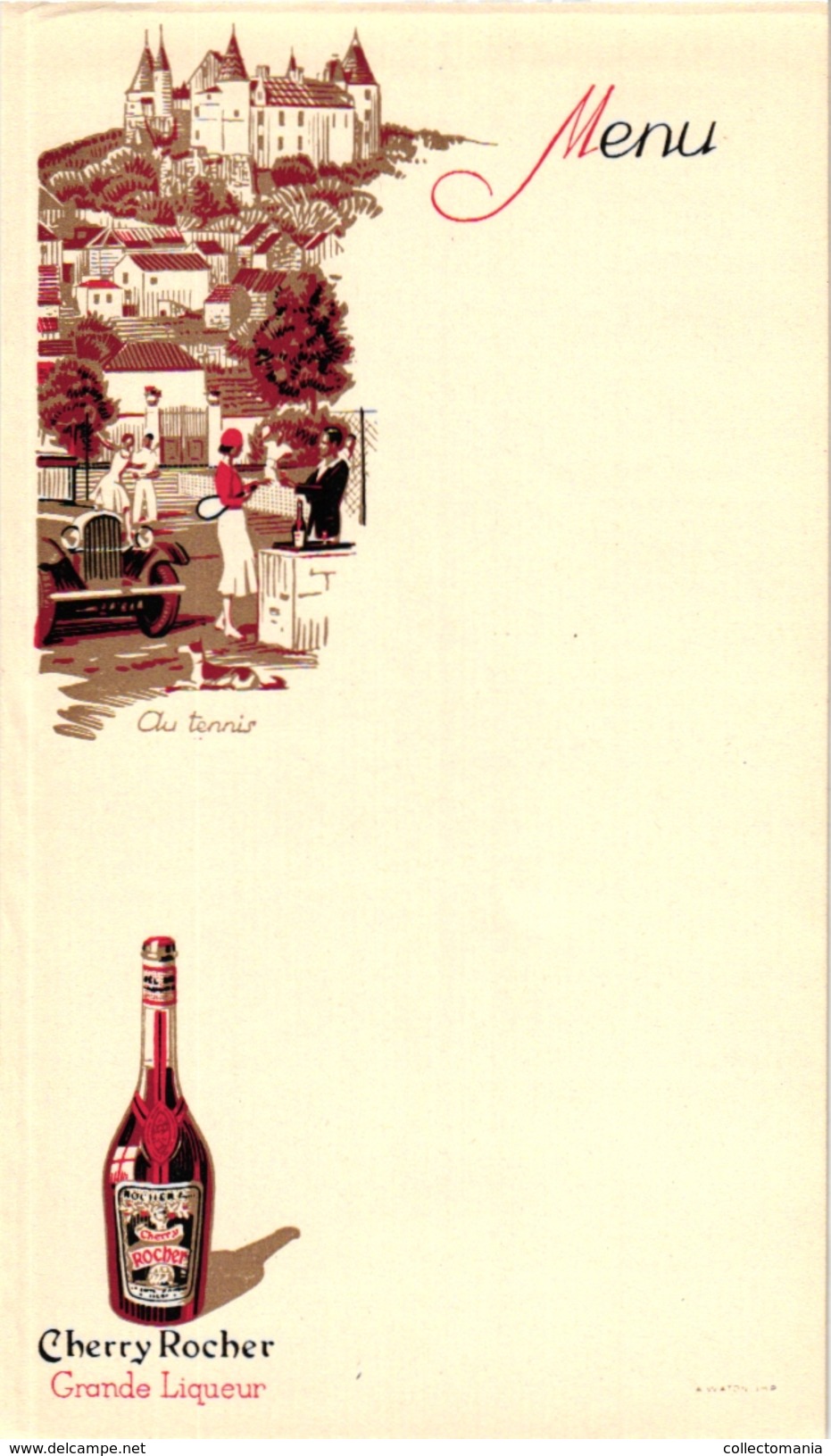 1 Menu Card  C1930  SPORT  LAWN -TENNIS Pub Liqueur Cherry Rocher - Sonstige & Ohne Zuordnung