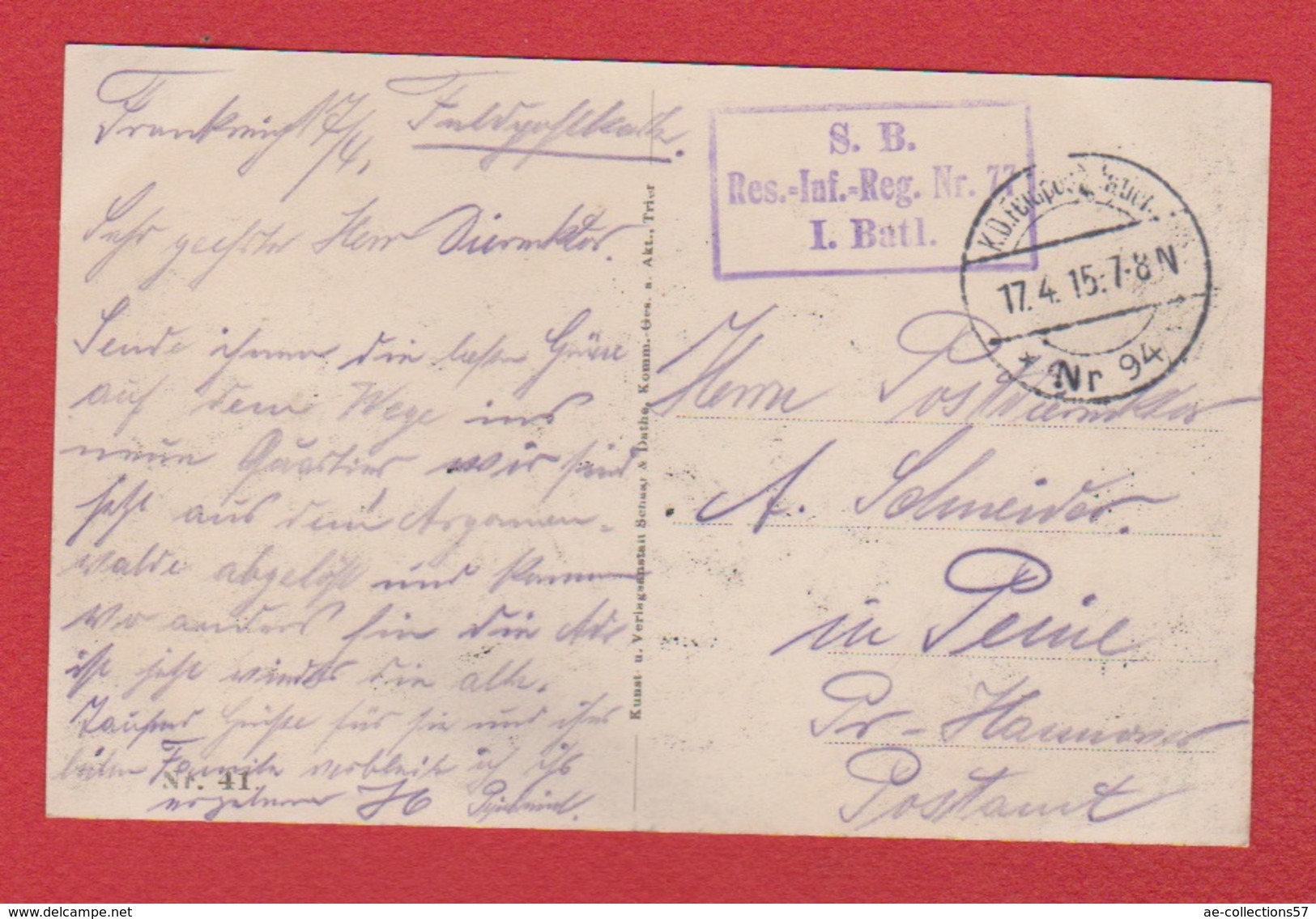 Longwy  --  Kirche  --  Stadthaus  --Res Inf Rgt Nr 77  --  Felspost Nr 94 --  17/4/1915 - Longwy